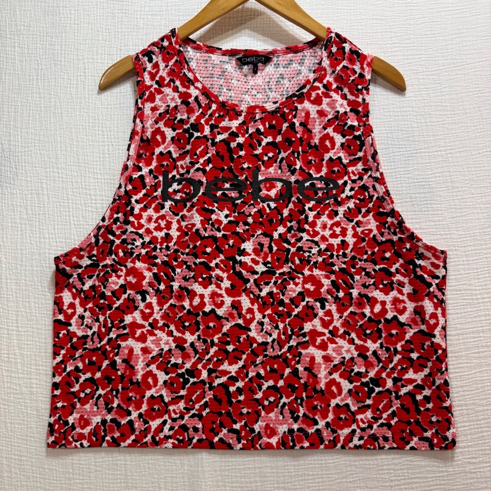 Bebe Sport Tank Top Women L Red Leopard Print Mesh Logo Activewear Y2K